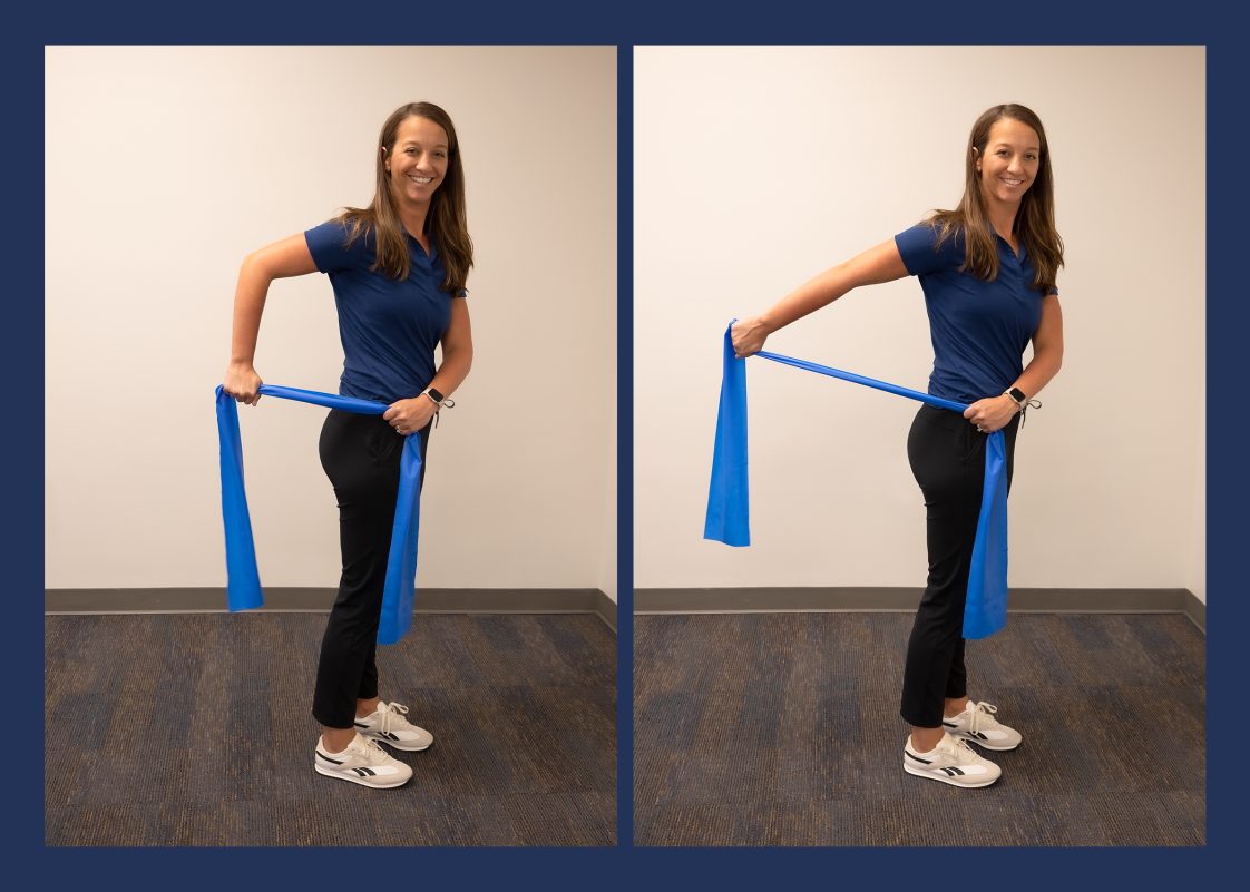 A woman demonstrating the triceps resistance-band exercise.