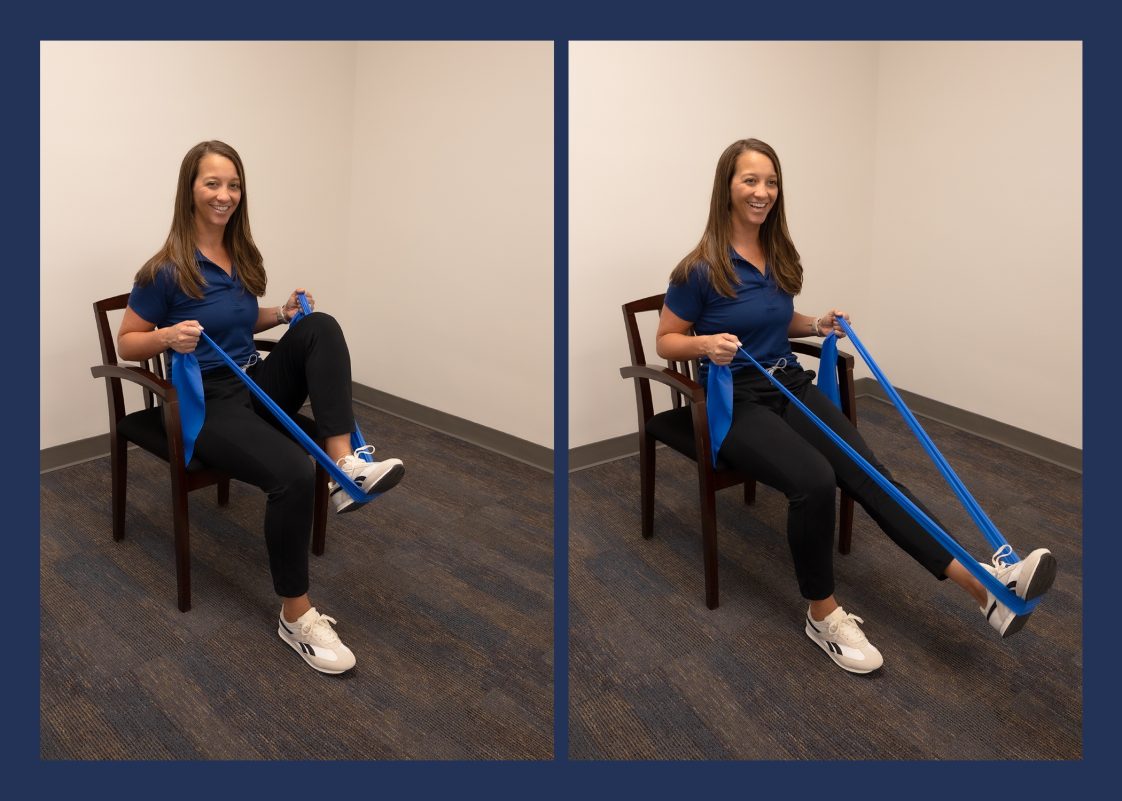 A woman demonstrating the seated leg press resistance-band exercise.