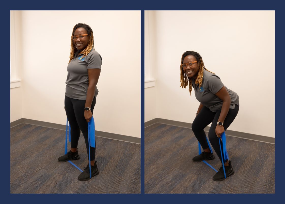 A woman demonstrating the squat-standing resistance-band exercise.