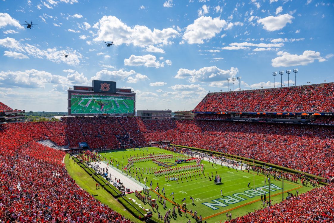 A helicopter flyover before an Auburn football game.