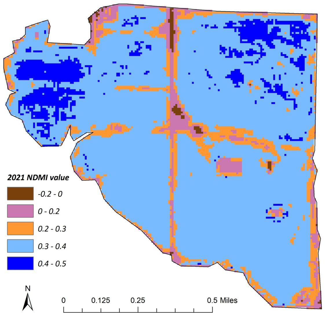 Figure 2a. Normalized Difference Water Index (NDMI) maps from Sentinel-2 data showing soybean crop condition: (a) healthy soybeans with enough water in 2021.
