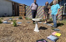 The Fall 2024 Claybank Master Gardeners intern class constructed a pollinator garden at D.A. Smith MIddle School in Ozark in Dale County. Students participated by painting stepping stones and birdbaths. The area is also used for classroom instruction. From left are Matthew Monson, Dale County Extension Director Melissa Voynich and Claybank Master Gardeners President Susan Rigsby. Now with the Dale County School System, Monson was principal of D.A. Smith Middle School when the pollinator garden was completed.
