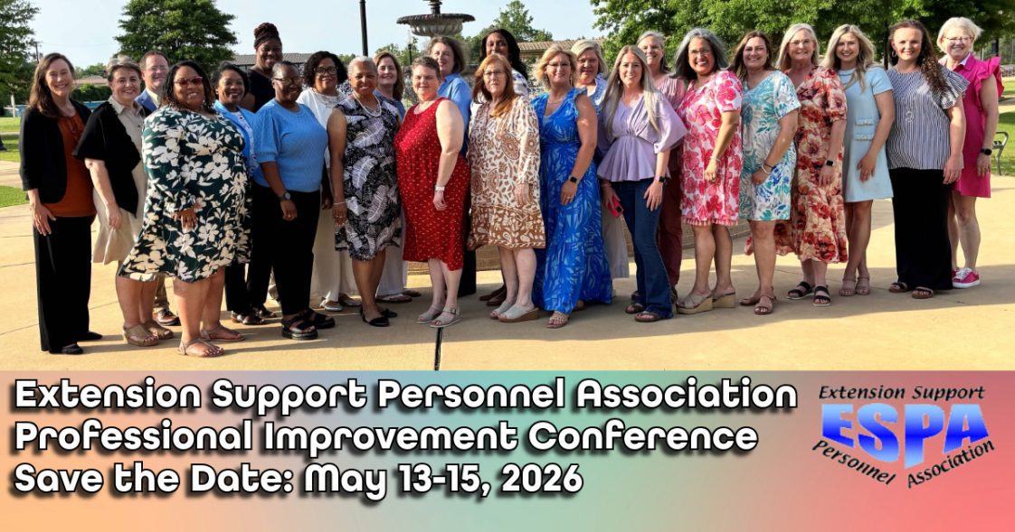 A group of ESPA members posed for a picture in front of a fountain. The image was taken at the Professional Improvement Conference in 2025. The words "Save the Date: May 13-16, 2026" at the bottom of the image.