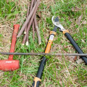 Figure 5. Tools needed for live staking installation: loppers (or hand loppers), rubber mallet, rebar.