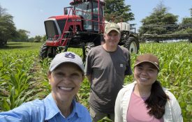 A group of people posing for a selfie while standing in a corn field.