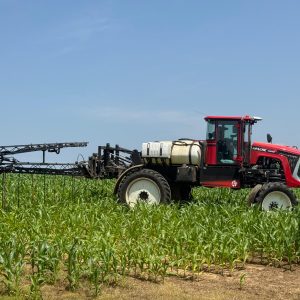 A sprayer in a corn field applying nitrogen.