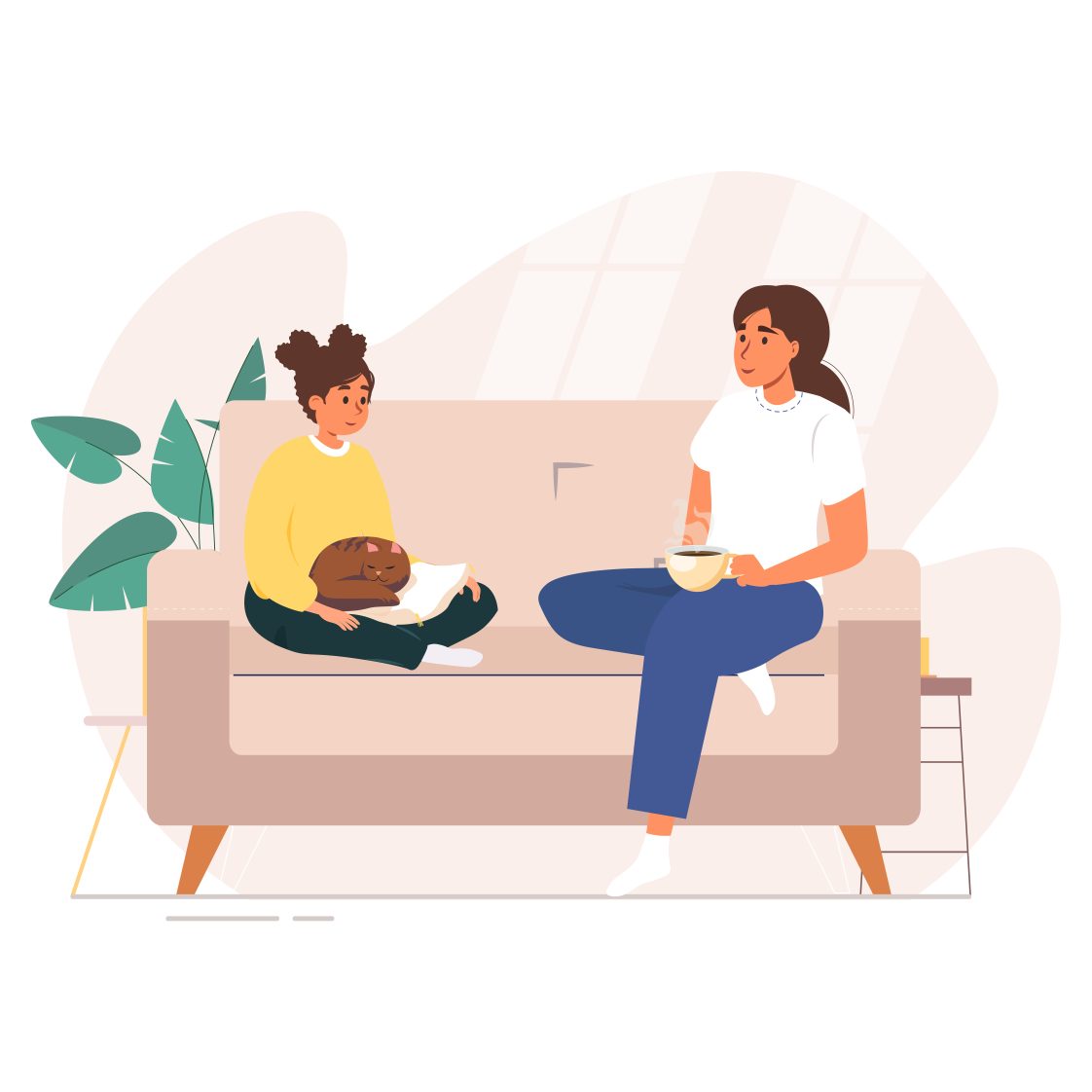 An illustration of a teen sitting on a couch with her mom.