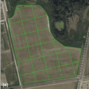 Figure 2. Illustration of a grid soil sampling method. Map (a) shows a field divided into 2.5-acre grids.