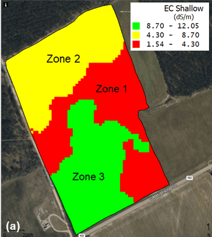 Figure 3. Illustration of a zone soil sampling method. Map (a) shows the field divided into different management zones based on soil EC. 