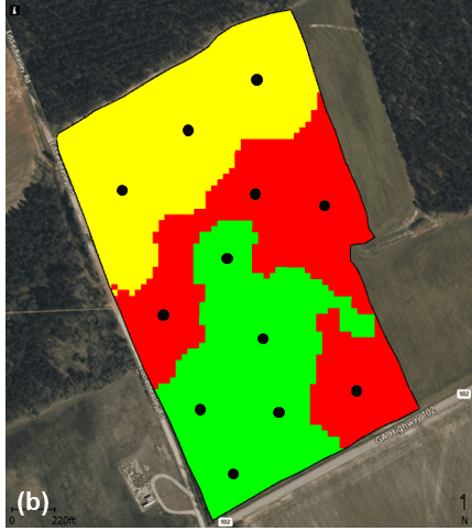 Figure 3. Illustration of a zone soil sampling method. Map (b) shows various soil sampling locations, each representing a composite sample within different zones.