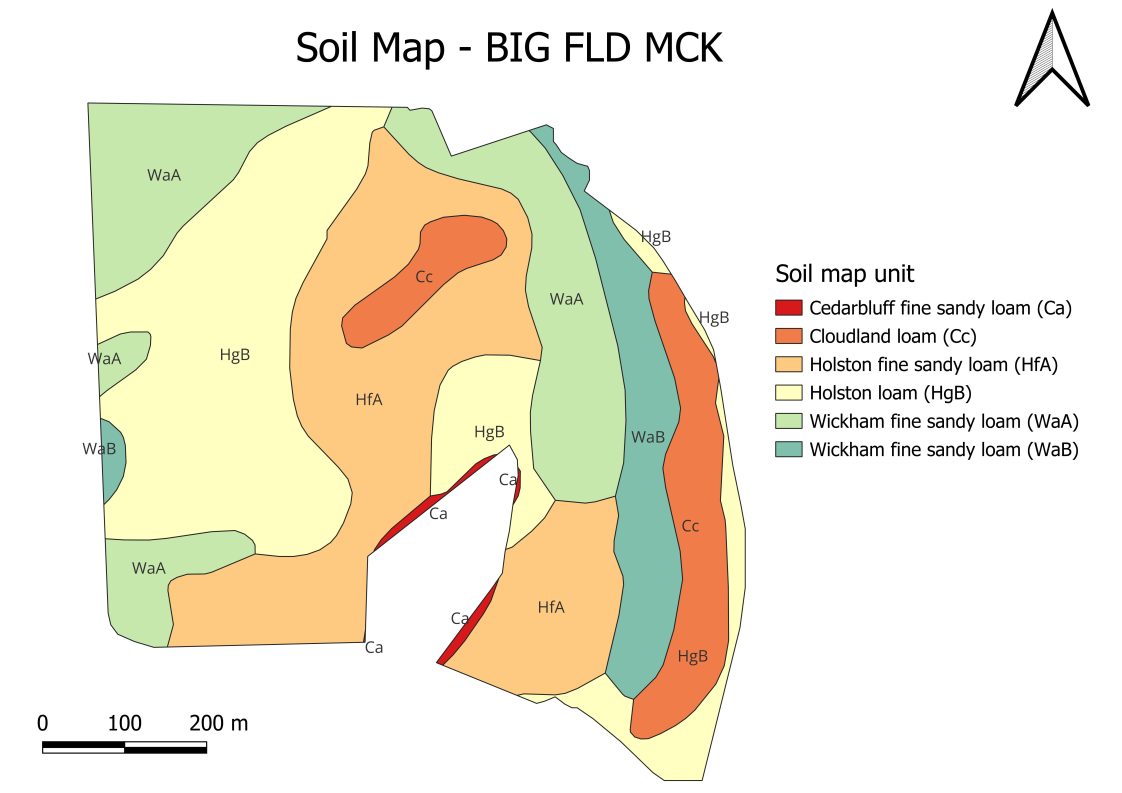 A map that shows the soil type for the Lindsey farm trial.