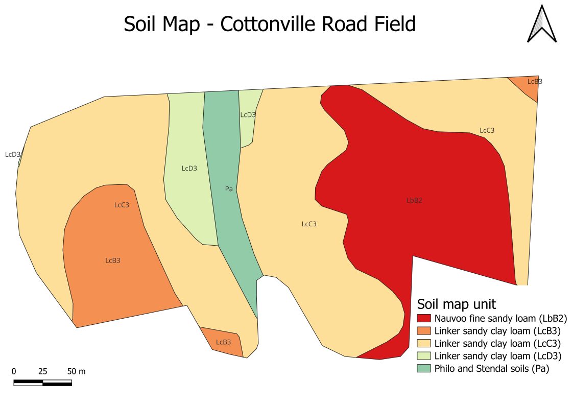A map that shows the soil type for the Bevel farm trial.