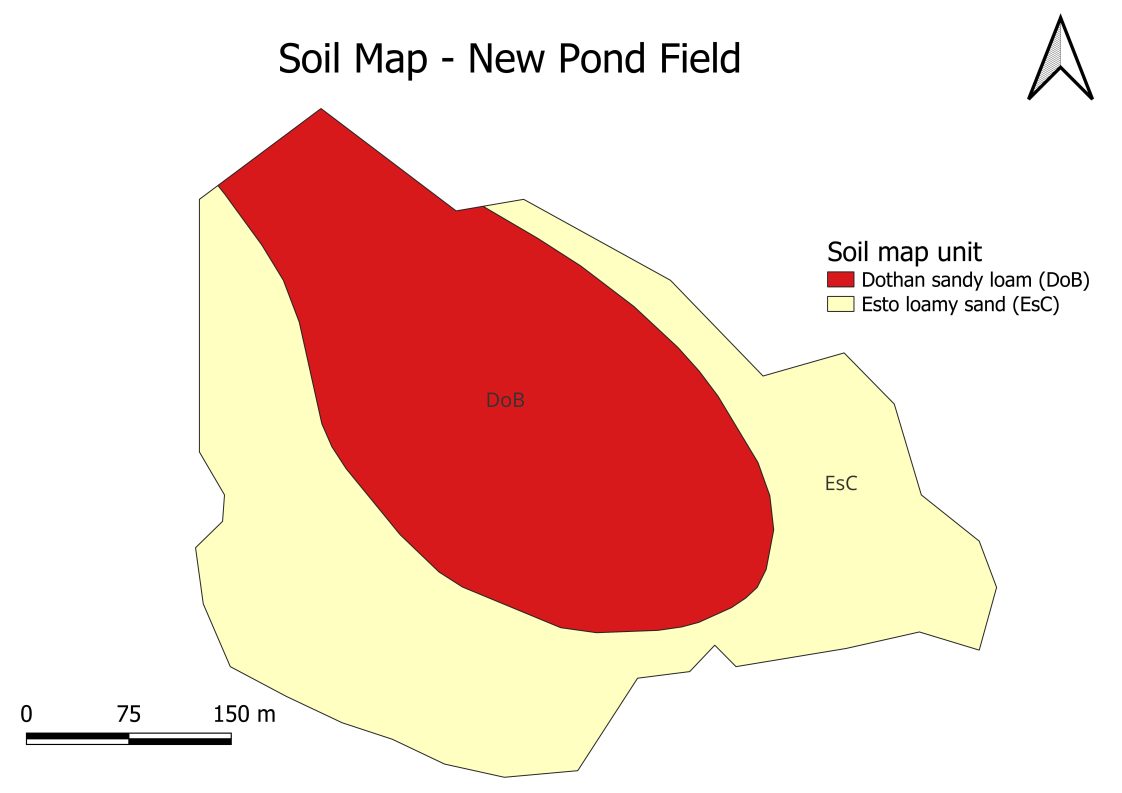 A map that shows the soil type for the Huguely farm trial.