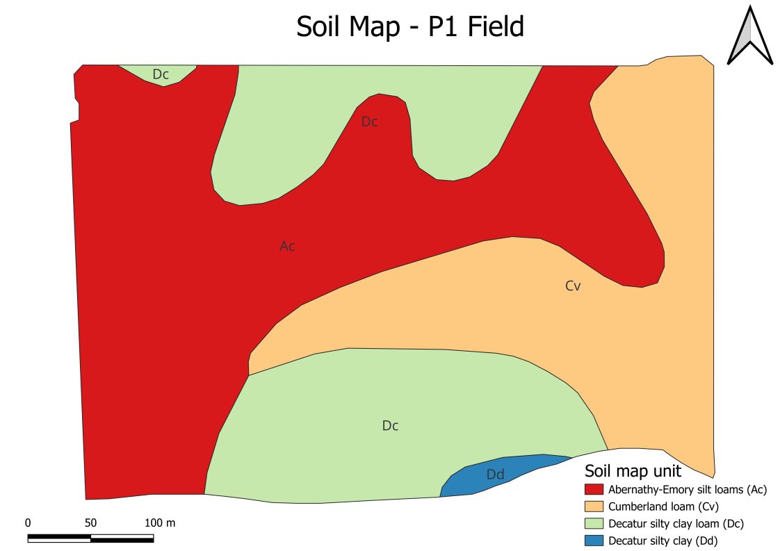 A map that shows the soil type for the Clark farm trial.