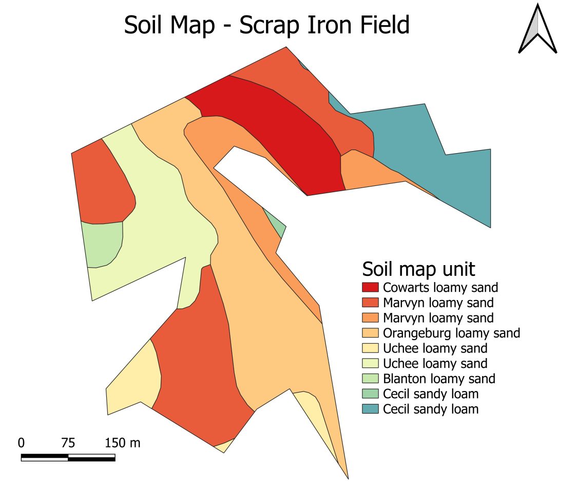 A map that shows the soil type for the Dixon farm trial.