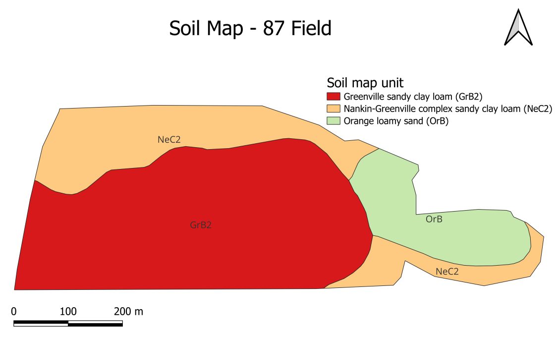 A map that shows the soil type for the Curtis farm trail.