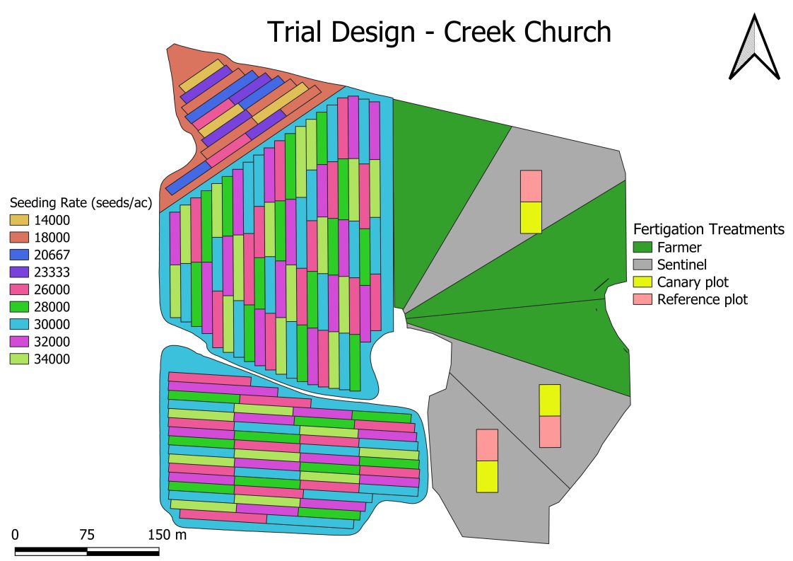 A map that shows the field trial design for the Temple farm.