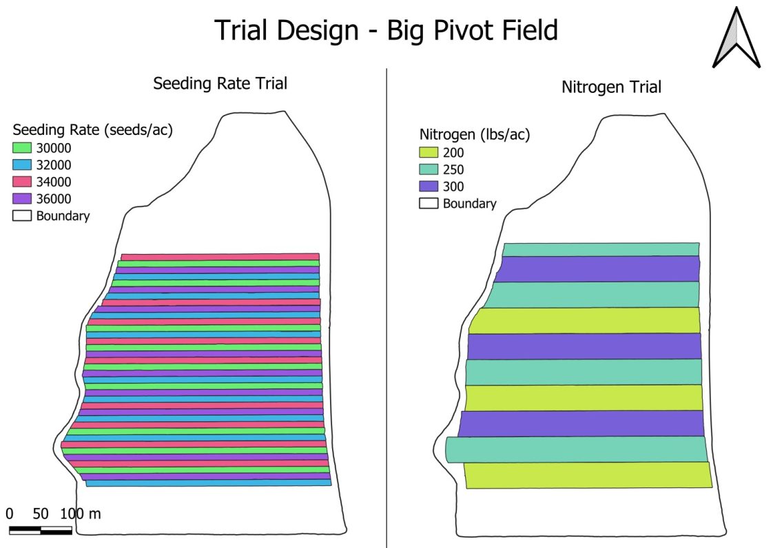 A map that shows the field trial design for the Walters farm.