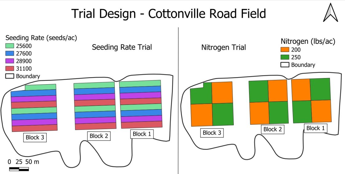 A map that shows the field trial design for the Bevel farm.