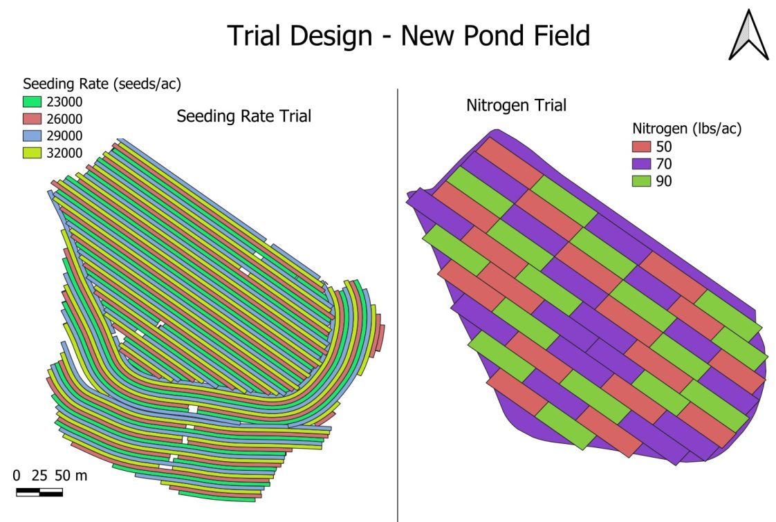 A map that shows the field trial design for the Huguely farm.