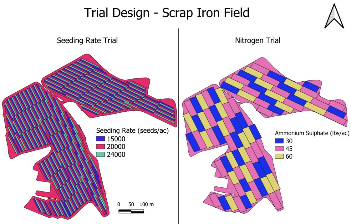 A map that shows the field trial design for the Dixon farm.