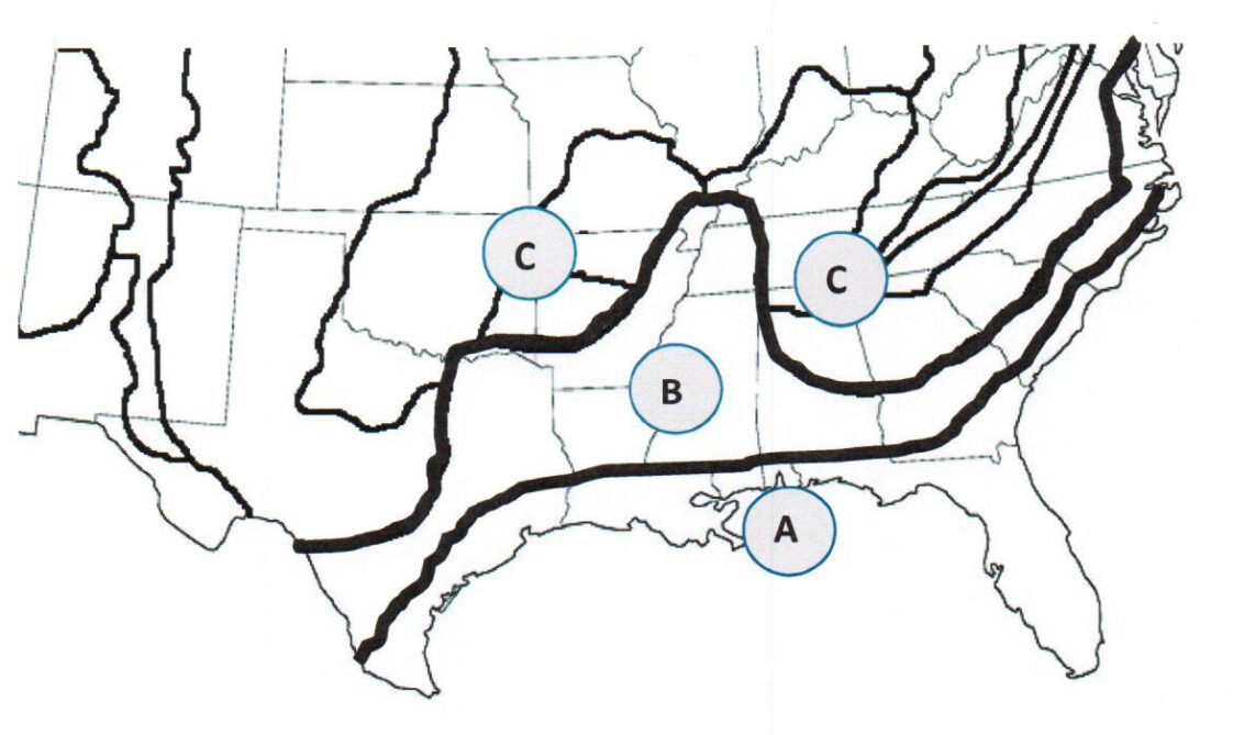 Figure 1. Physiological regions in the South that was used in the 2024 Cost of Forestry Practices survey showing the Southern Coastal Plain (A), Northern Coastal Plain (B), and Piedmont or similar uplands (C).