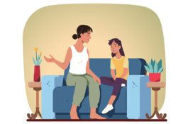 An illustrated image of a mother and daughter sitting on a couch talking and laughing.