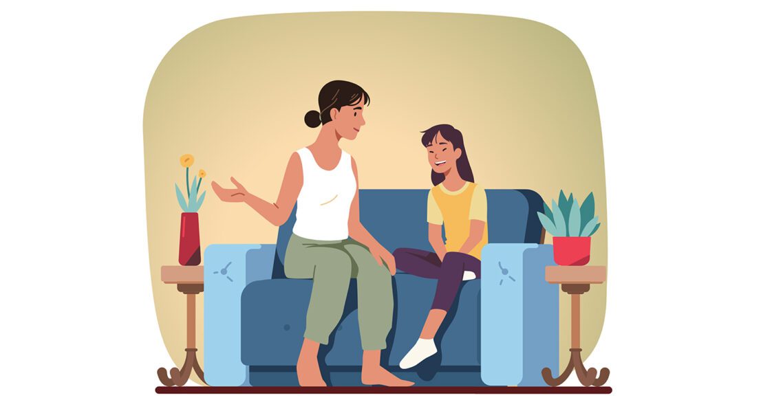An illustrated image of a mother and daughter sitting on a couch talking and laughing.