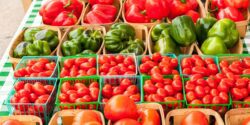 Peppers and tomatoes at a farmers market.