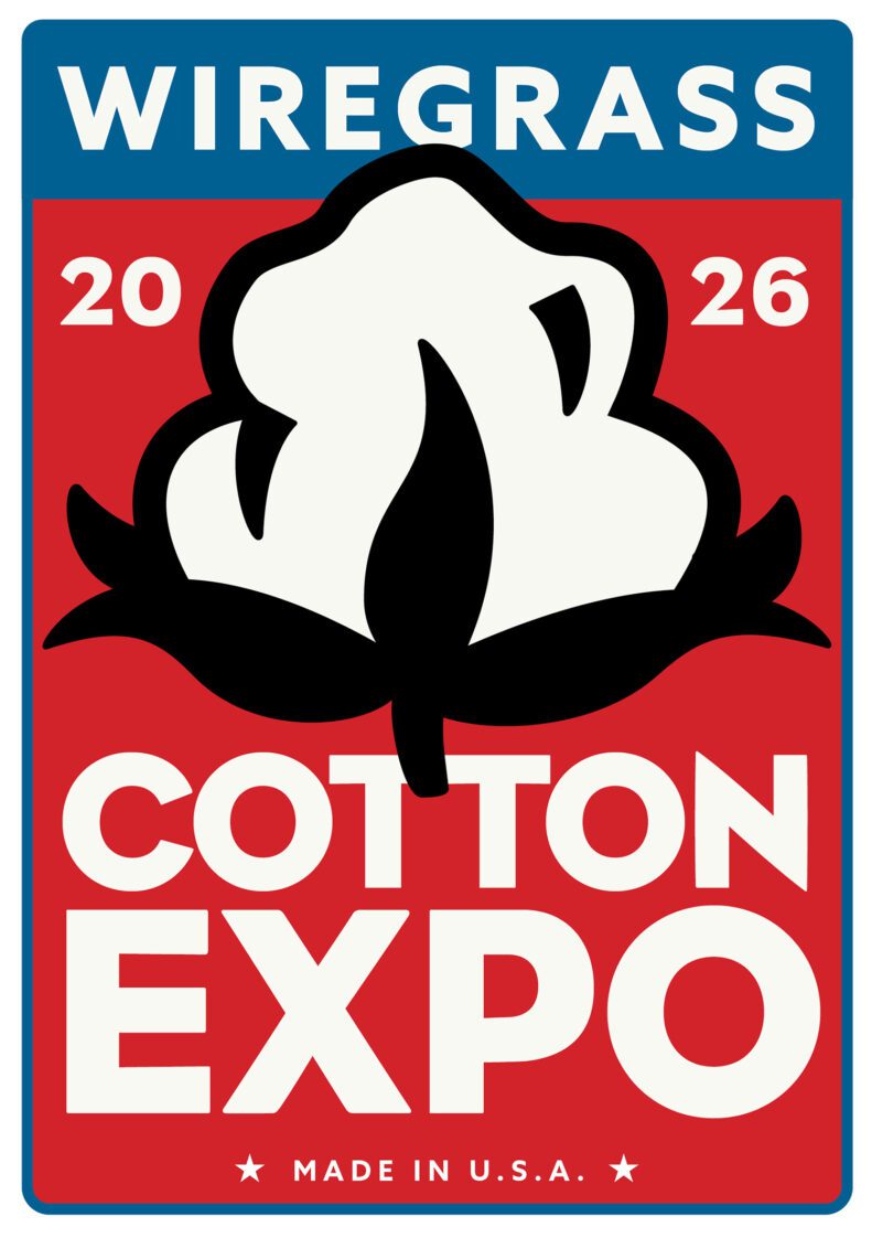 A graphic that contains a cotton boll on a red background with the words 2026 Wiregrass Cotton Expo Made in the USA.