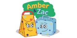 An illustration of two lunchbox characters named Amber and Zac smiling at each other.