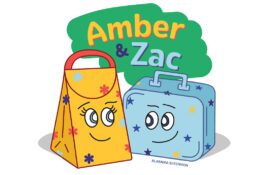 An illustration of two lunchbox characters named Amber and Zac smiling at each other.