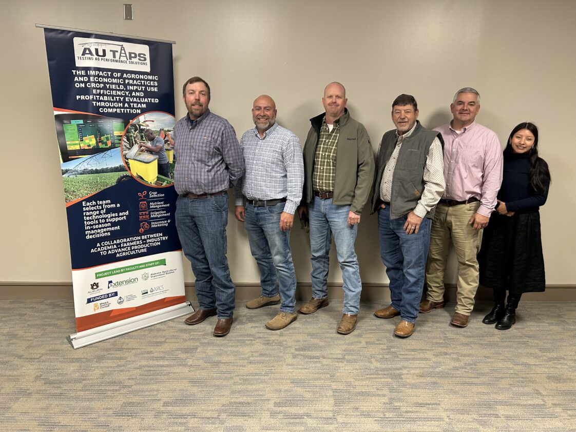 Eight teams participated in TAPS in 2025. Contestants present at the Dec. 9 meeting include, from left, Adam Temple of Houston County, Jeremy Wilson of Talladega County, Shep Morris of Macon County and Robert Walters of Lee County. Additionally, Alabama Extension agents Aaron Wells and Roshell Rosales Aguilar represented the Extension team that participated in the contest.