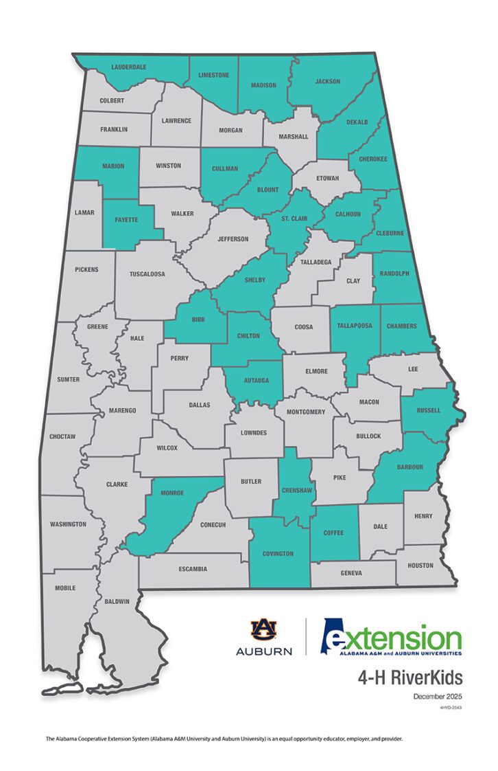 A map of the state of Alabama that highlights counties that offer a RiverKids program.