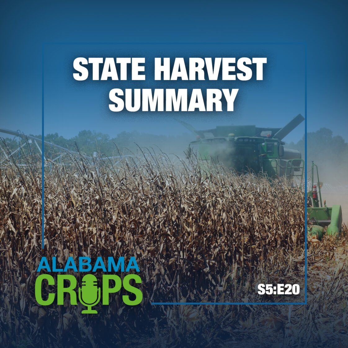 A graphic showing a combine harvesting a corn crop. Also has words State Harvest Summary and S5:E20.