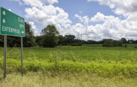 A green road sign in a rural area showing directional arrows to Elba, Opp, and Enterprise, Alabama.