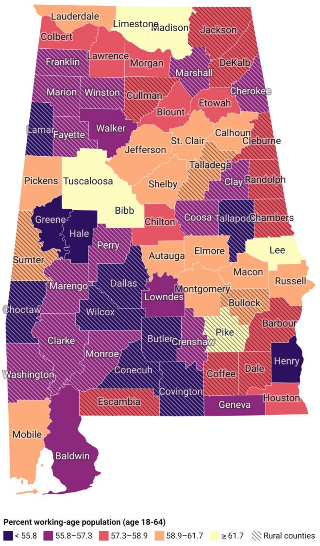 A map showing the percentage of Alabama's working-age populations broken down by counties.
