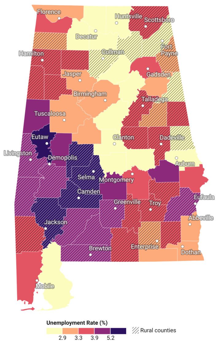 A map that shows the unemployment rate in Alabama counties in 2024.