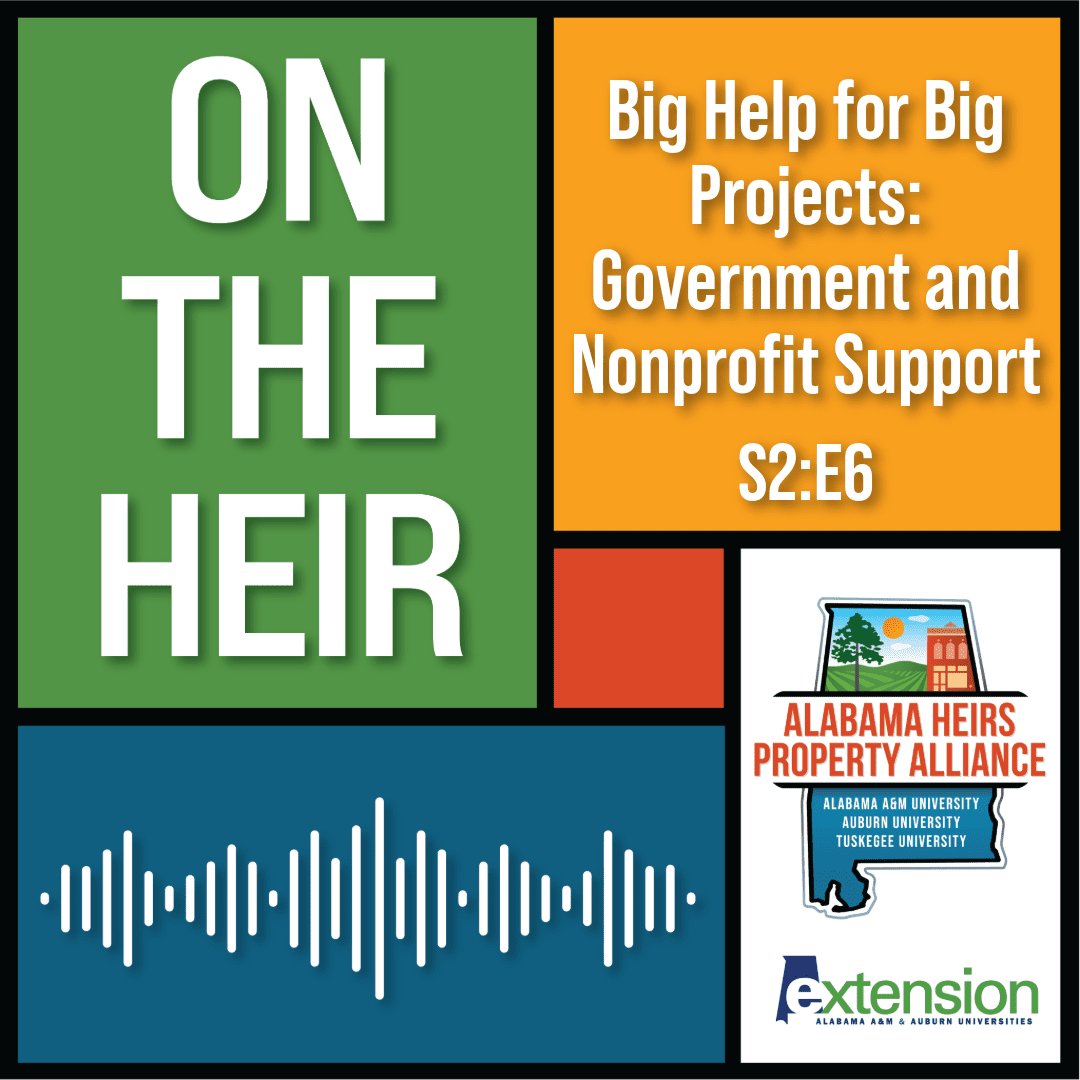A graphic with green, orange, red, and clue boxes with the words On the Heir Season 2 Episode 6—Big Help for Big Projects: Government and Nonprofit Support