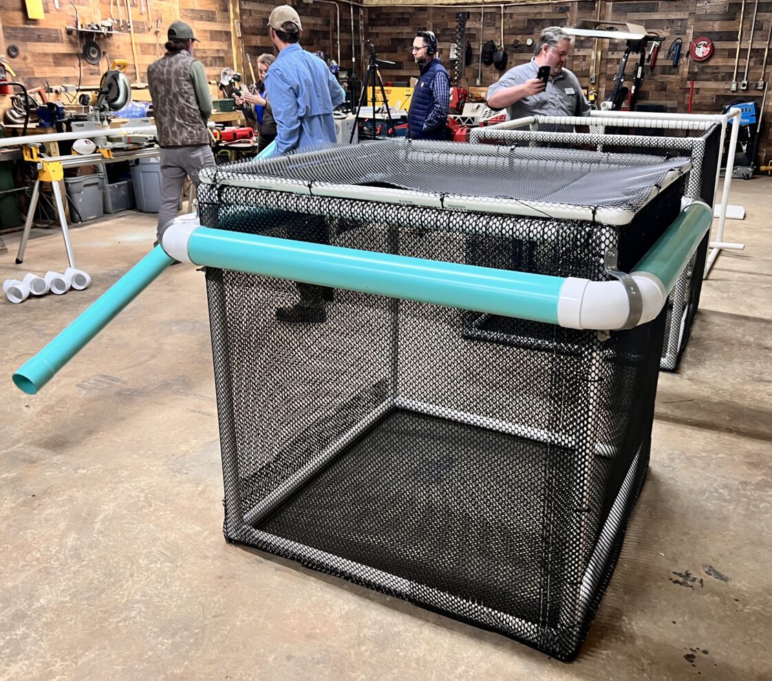 A fish cage used in cage culture farming.