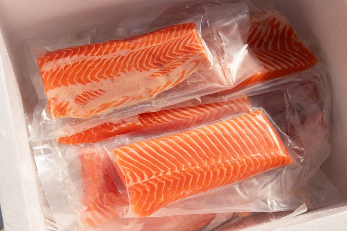 Salmon fillets vacuum sealed, a type of reduced oxygen packaging.