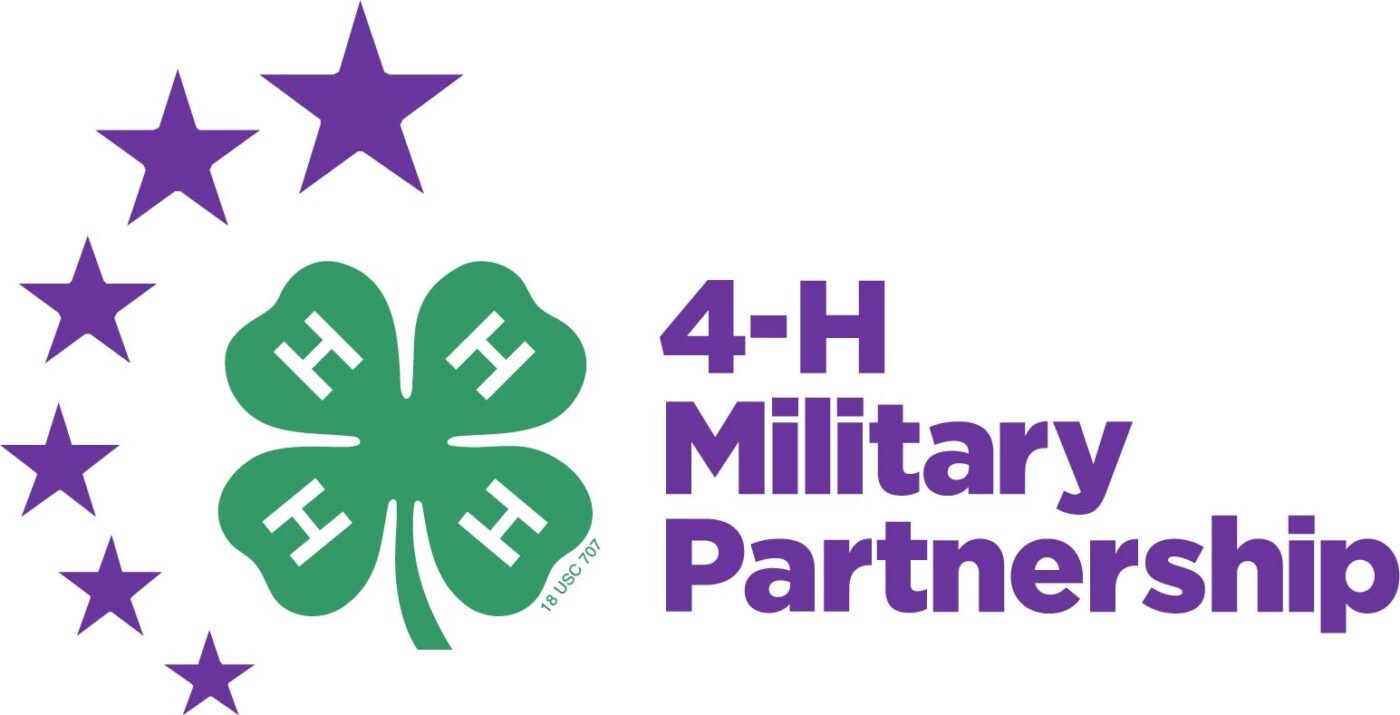 The 4-H green clover and purple starts with the words 4-H Military Partnership.