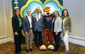 Members of National 4-H Council visited Alabama to meet with Alabama Extension at Auburn University staff and Alabama 4-H members. From left are National 4-H Council President and CEO Jill Bramble, Assistant Director for Alabama 4-H Casey Mull, Auburn Chief of Staff Rich McGlynn, Aubie, Auburn First Lady Tracy Roberts and Extension Director Eve Brantley