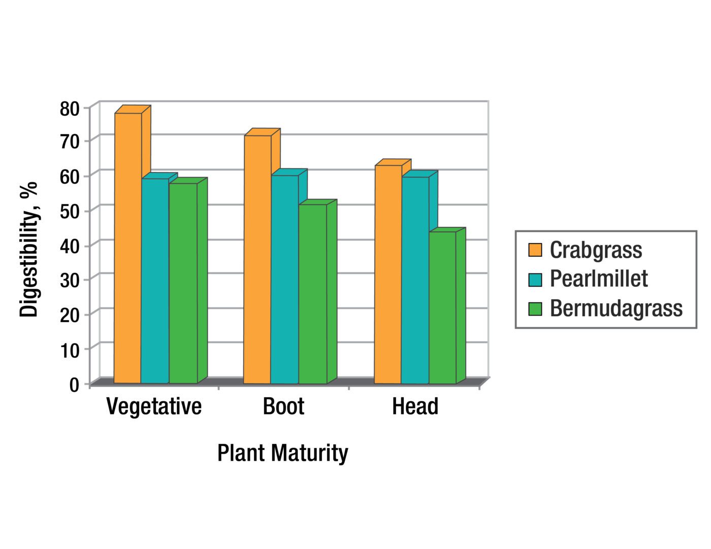 A bar graph showing the digestibility of crabgrass, pearl millet and bermudagrass at different stages of the forage. Digestibility is on the Y-axis and measured in percentages. The three stages of plant maturity are vegetative, boot and head.