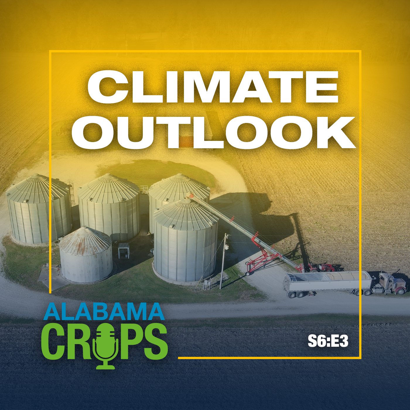 A graphic with a drone shot of grain bins located in the middle of a fallow filed with an 18-wheeler truck filling with grain. The graphic includes the words Climate Outlook, S6:E3.