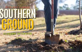 A person digging a hole with a shovel to plant a tree during the fall or winter. The words "Southern Ground with Chip and Shane Alabama Extension" are designed on the image's left side.