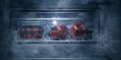 Vegetables in a crisper drawer with a smoky effect over them to resemble a graveyard.