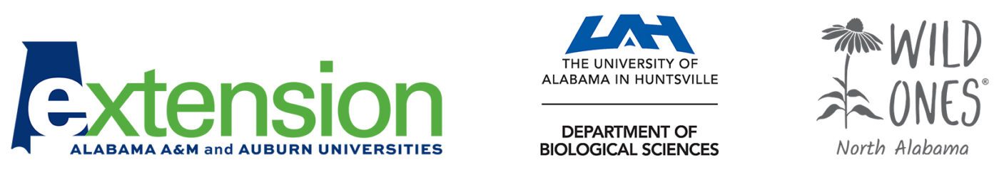 Logos for the Alabama Cooperative Extension System, University of Alabama in Huntsville Department of Biological Sciences, and Wild Ones North Alabama