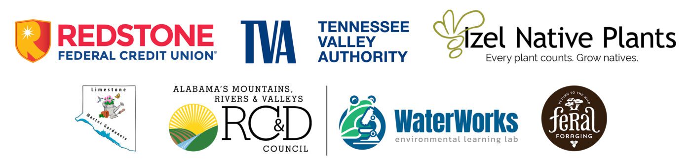 Logos for the Alabama's Mountains, Rivers, and Valleys RC&D Council, WaterWorks environmental learning lab, Izel Native Plants, Redstone Federal Credit Union, Feral Foraging, Limestone County Master Gardeners, and Tennessee Valley Authority,