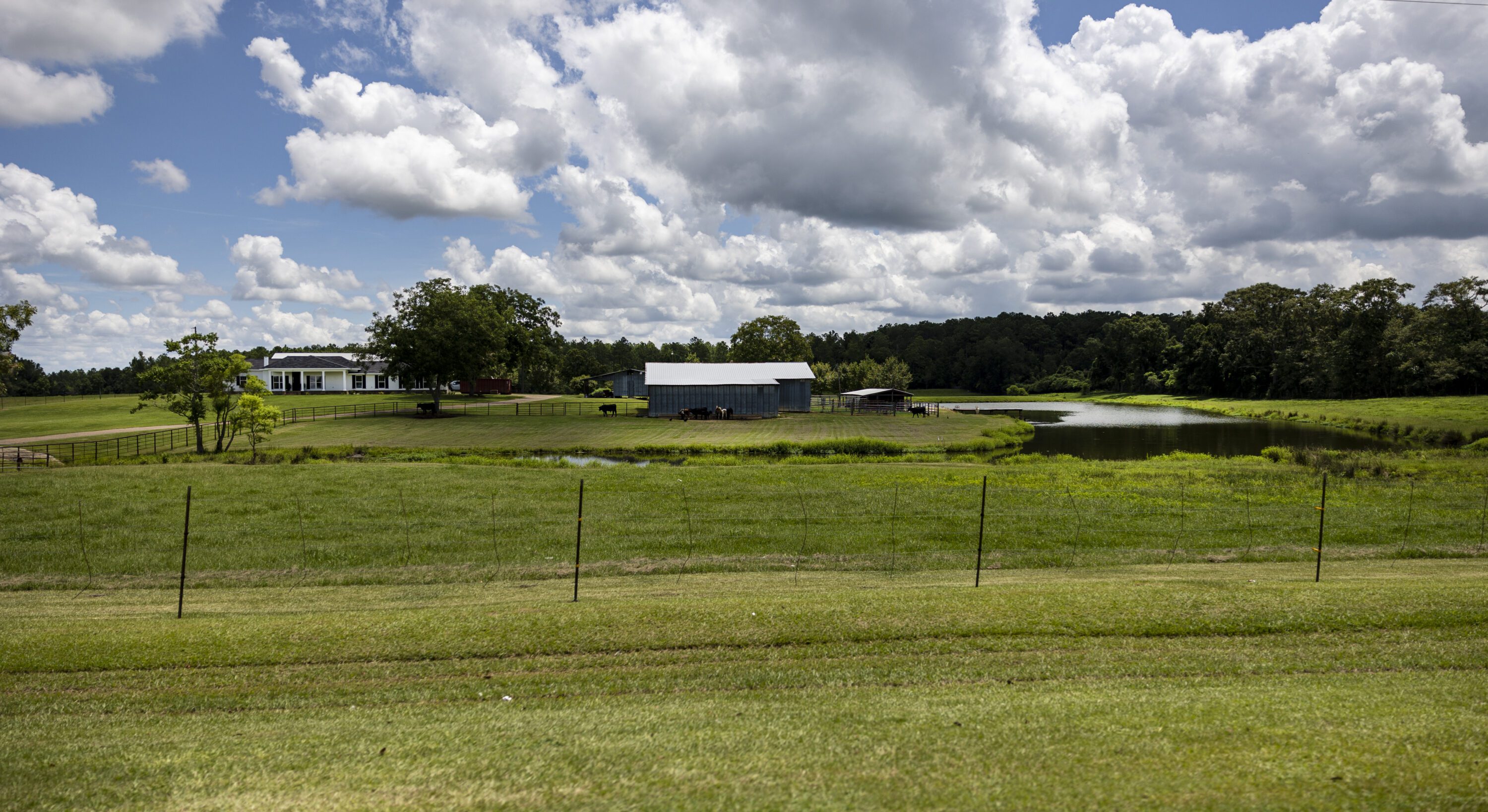 A rural scene with a fence-lined pasture in the foreground and a barn and home in the background.